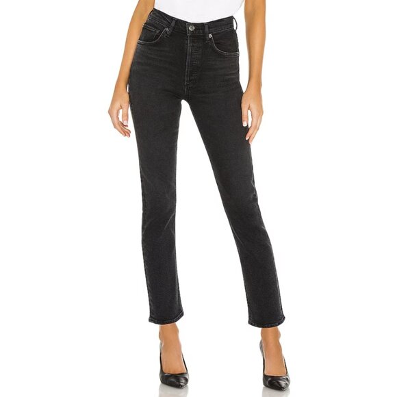 Agolde Denim - AGOLDE Riley High Rise Straight Crop (Stretch) Jeans in Panoramic Black Size 31